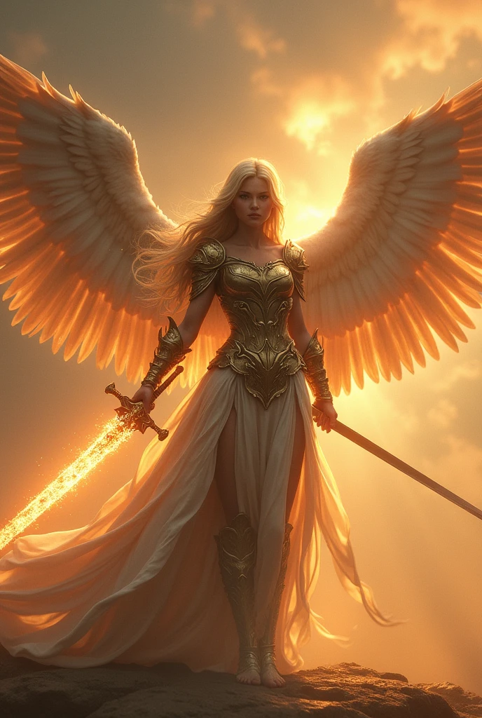 Winged Warrior, long hair ,blond, blue garlic,6 angelic wings,burning sword