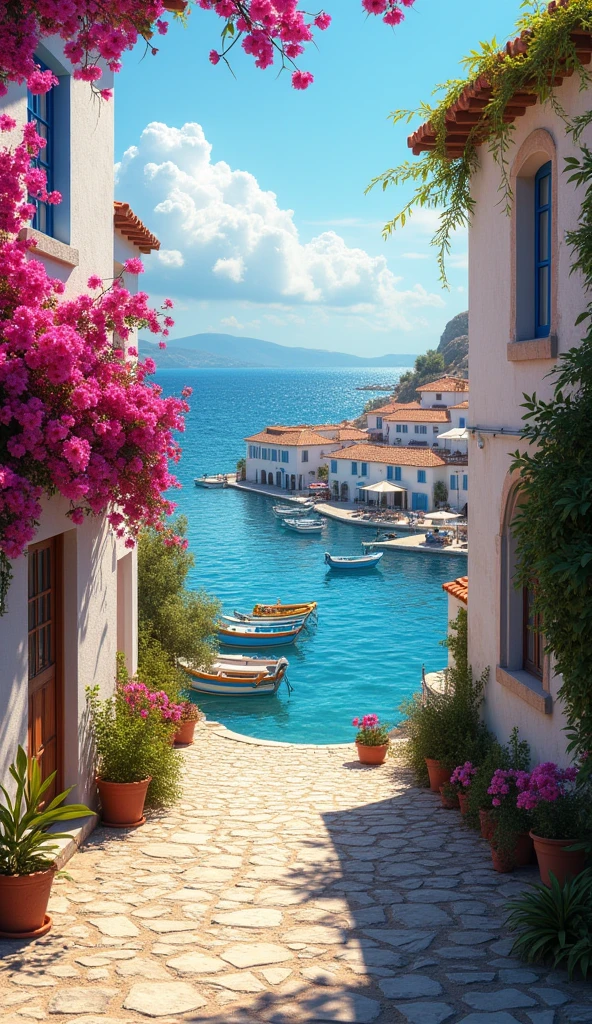 "A coastal village with whitewashed buildings, vibrant bougainvillea, and narrow streets leading down to a sparkling blue sea. Fishing boats bob gently in the harbor, and the warm Mediterranean sun bathes the landscape in golden light, evoking a life of relaxed coastal living."