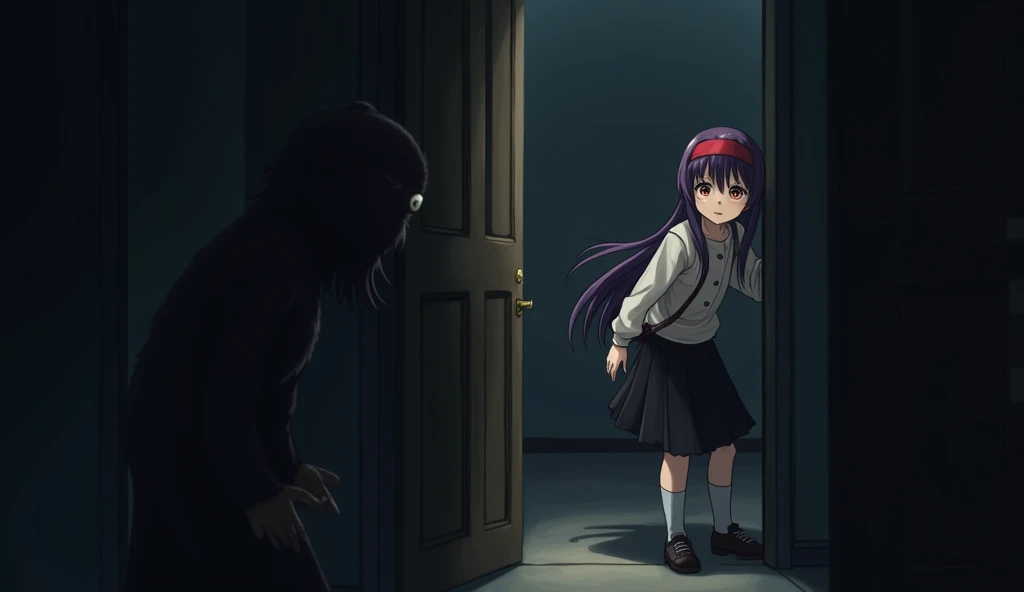 May ((A female student with long, dark purple hair that reaches the middle of her back. She always wears a red headband. She have a brown eyes color. She is wearing a long-sleeved shirt and a black skirt.)) turns a corner and sees a mole mascot standing in the dark corner of the room, its empty eyes staring straight at her.