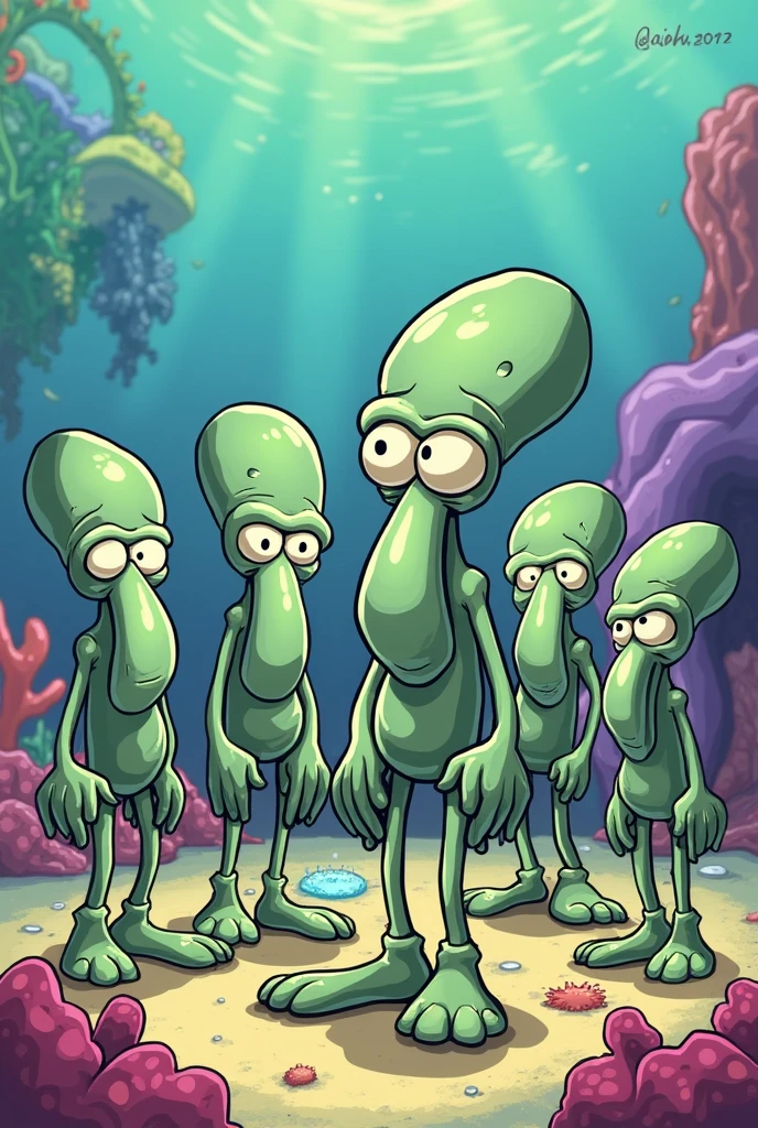 Create an image about the meme that was trending, Momasos Diego, only instead of Momasos Diego says "Momasos Jueguito" and in it appear 11 Squidward from the Sponge Bob series, Two of them will only be white but not too much, the others are slightly brown