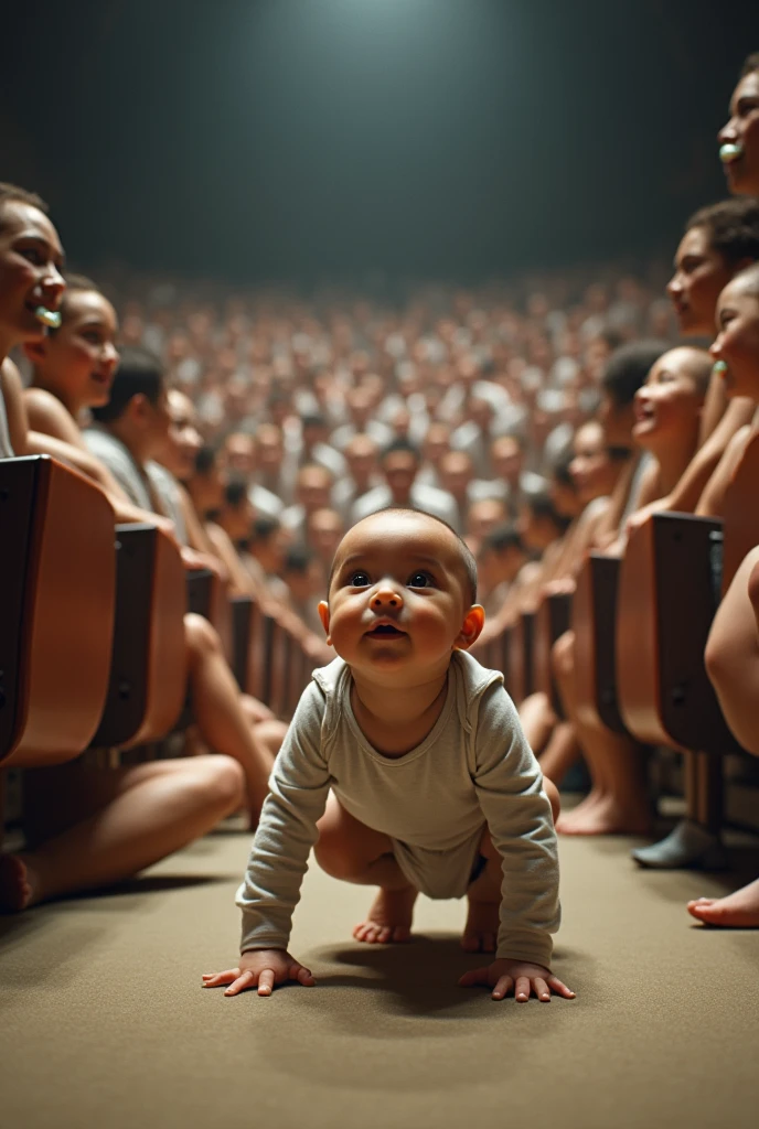 A baby crawls into an auditorium packed with adults who are  acting like babies, all crawling around, cooing, and getting into mischief.