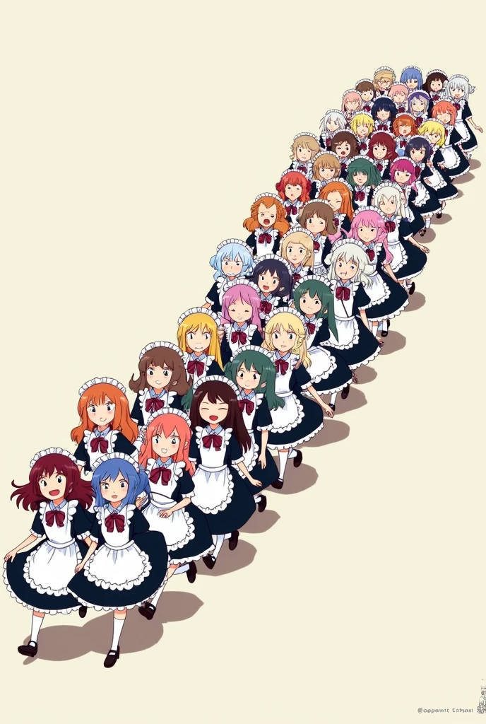 An anime-style illustration depicting hundreds of maids playfully marching in lockstep in straight rows with each other,
each maid has different  colored hair.
the illustration emphasizes the humorous and energetic nature of their marching, crowd shot