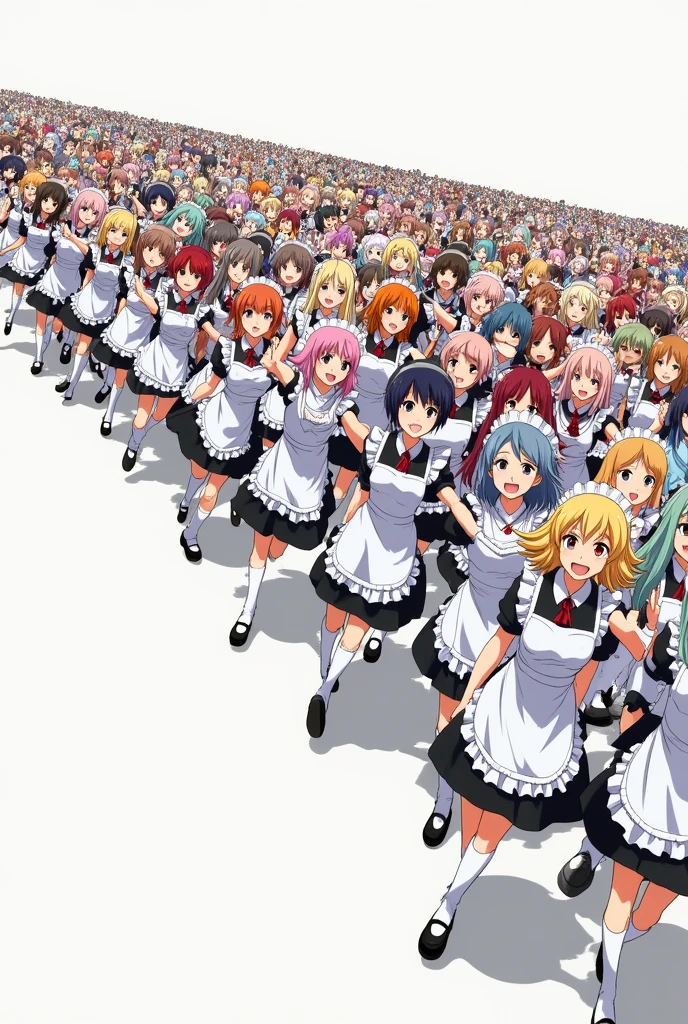 An anime-style illustration depicting hundreds of maids playfully marching in lockstep in straight rows with each other,
each maid has different colored hair.
the illustration emphasizes the humorous and energetic nature of their marching, crowd shot