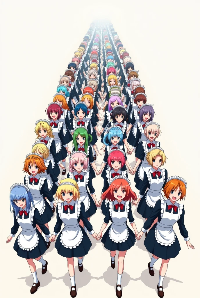 An anime-style illustration depicting hundreds of maids playfully marching in lockstep in straight rows with each other,
each maid has different colored hair.
the illustration emphasizes the humorous and energetic nature of their marching, crowd shot