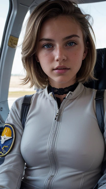 High resolution, AW images, Masterpiece, ((Ultra Detail)),(( Beautiful Art, 18 yo blonde  girl . Full lips. Eyes wide)).  ((Very short hair)),  well-trained body, sweaty skin, choker, sheer Baby Doll, choker, sheer lace lingerie, (((air force pilot costume, flight suit, fighter pilot, f14 fighter))), Hero of the Sky, Ace Pilot