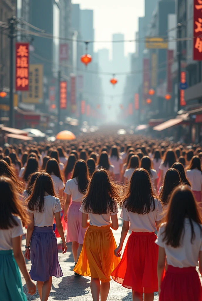 There are 500,000 Asian girls wearing skirts on the street.