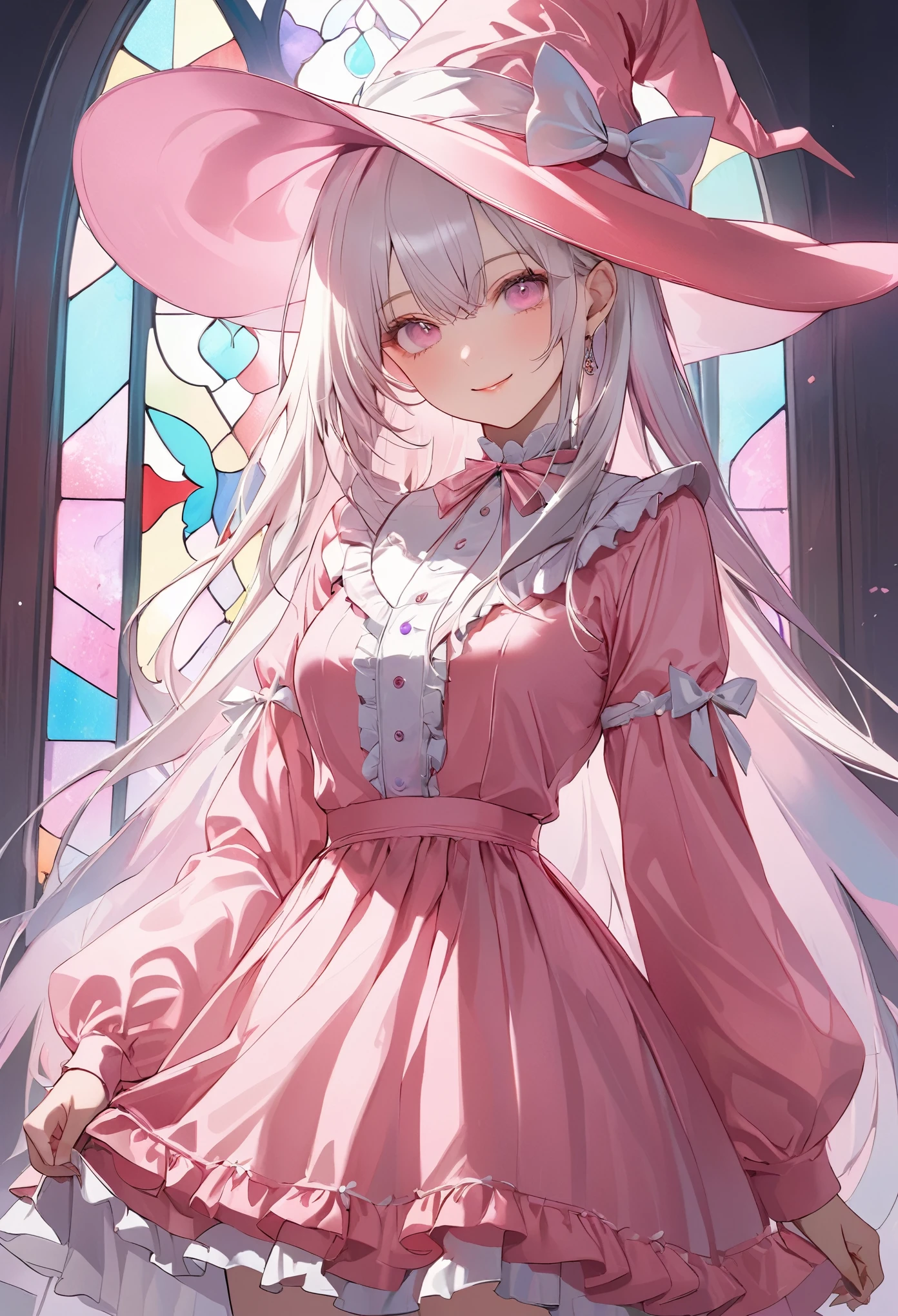 (transparent purpletheme art),(top-quality),(masterpiece),(cowboy shot:1.5),((arms behind side)),Silky to the touch,Hyper Detail,(1 girl),(solo),Delicately drawn face,girl with a pretty face,beautiful detailed transparent pink eyes,beautiful detailed pink witch hat with white ribbon ornament,beautiful detailed pastel pink ta witch fashions with ruffles,((pastel pink skirt with ruffles)),((Long sleeve white and pink costume)),(Beautiful silky white hair:1.3),pale skin,a beautiful transparent illustration,pastel pink theme,beautiful smile,frontal face,soft gradient,((standing in front of pastel pink glass art wall)),(((stained glass is only pastel pink)))