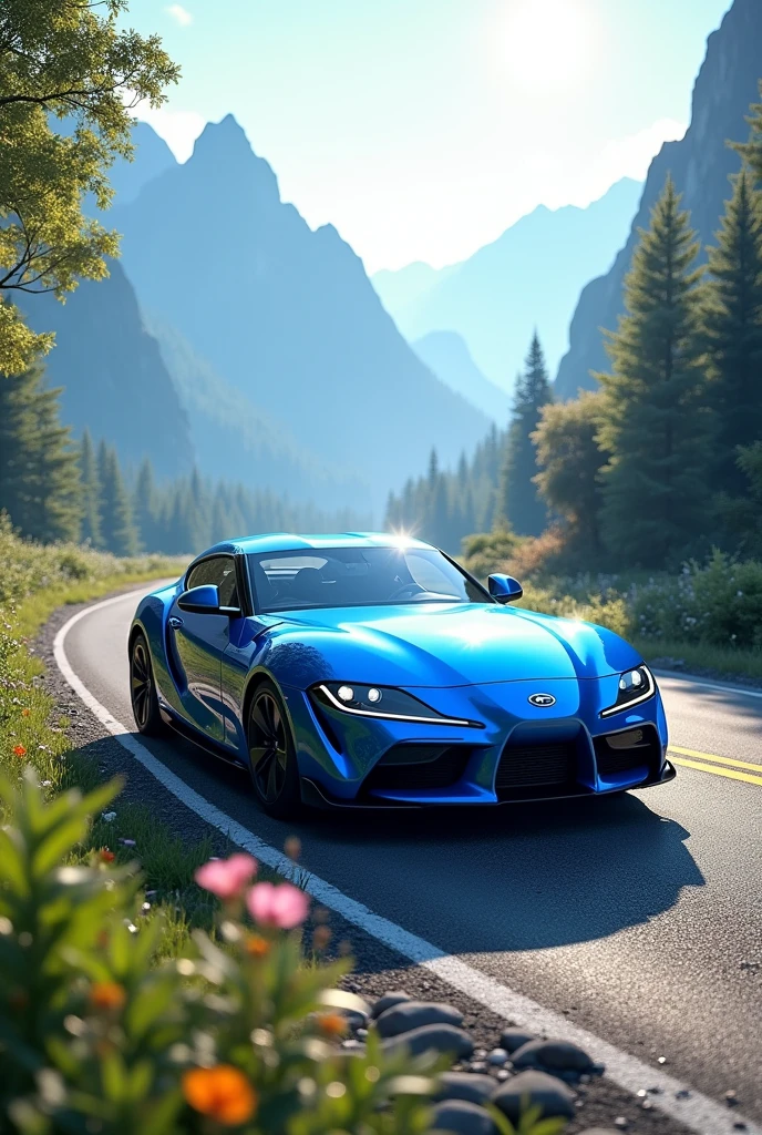 Blue car in morning mountain 