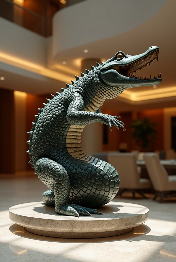 The free-standing crocodile sculpture displayed in the center of the room is so unique that everyone who walks by must stop and admire the hanging sculpture.