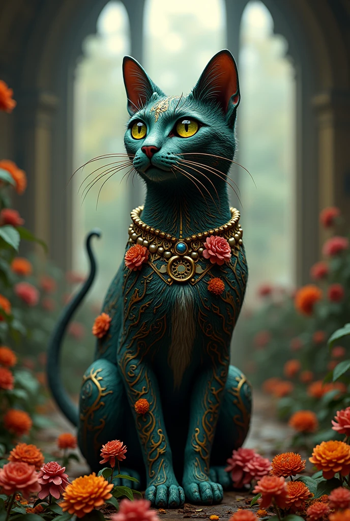 Beauty cat  victorian gothic aesthethic queen of flowers intricate details insanely artwork Wooden painted, 3D effect ultra-detailed intricate insanely, Heart, museum room, green eyes, Carved in wood, painted with bright colors., indie film screencap, dramatic angle, , found footage, (steampunk), (cyberpunk aesthetic), (retrofuturism, atompunk), heroic proportions, window behind,