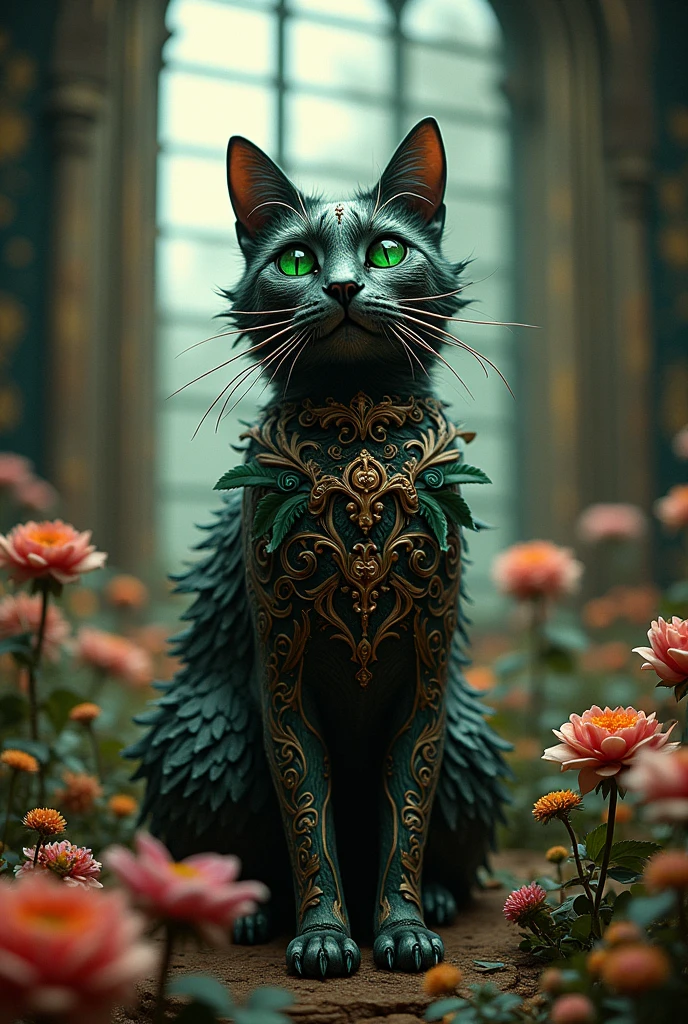 Beauty cat  victorian gothic aesthethic queen of flowers intricate details insanely artwork Wooden painted, 3D effect ultra-detailed intricate insanely, Heart, museum room, green eyes, Carved in wood, painted with bright colors., indie film screencap, dramatic angle, , found footage, (steampunk), (cyberpunk aesthetic), (retrofuturism, atompunk), heroic proportions, window behind,