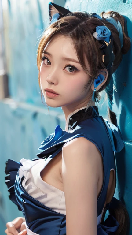 (Emo art:1.6), masterpiece, 4K, Bokeh, high school girl, Beautiful Face,  (Cat ear:1.3), (Blue ponytail:1.6) , (Japanese Idols:1.6), Blushed, (Blue maid costume :1.4), Looking at the audience, close, 
 (Blue Background :1.4), ( A wall of lots of blue roses:1.6)