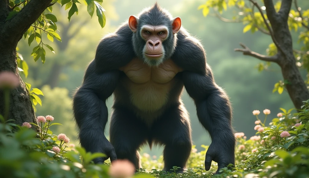 Front view,There is a wild beast in the osmanthus forest,Looks like an ape with white ears,Walking upright(best quality,4K,8k,High level,masterpiece:1.2),Ultra Detailed,(lifelike,Photo real,Photo real:1.37)