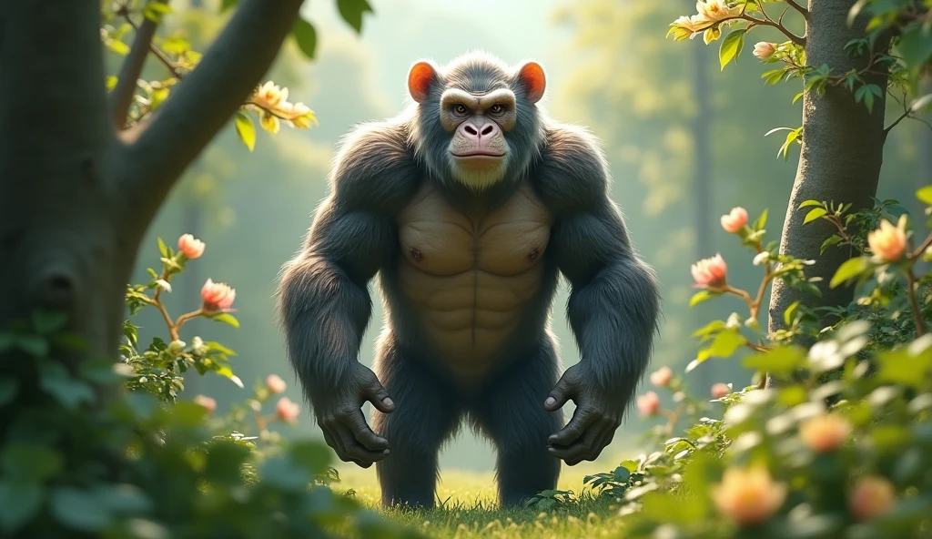 Front view,There is a wild beast in the osmanthus forest,Looks like an ape with white ears,Walking upright(best quality,4K,8k,High level,masterpiece:1.2),Ultra Detailed,(lifelike,Photo real,Photo real:1.37)