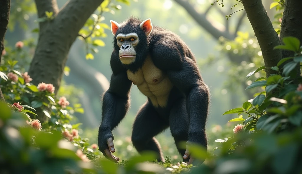Front view，There is a wild beast in the osmanthus forest，Looks like an ape with white ears，Walking upright（best quality，4K，8k，High level，masterpiece：1.2），Ultra Detailed，（lifelike，Photo real，Photo real：1.37）