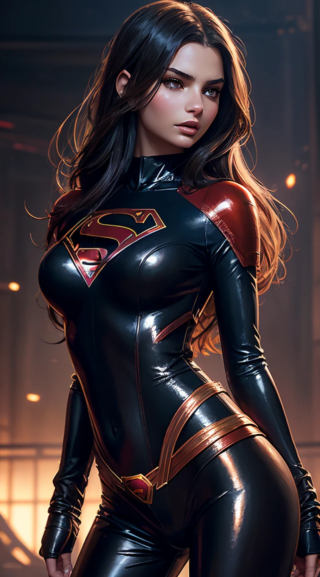 Emily Ratajkowski, supergirl latex sexy clothes, character portrait, 3 9 9 0 s, long hair, intricate, elegant, highly detailed, digital painting, artstation, concept art, smooth, sharp focus, illustration, art by wlop, charlie bowater and alexandra fomina