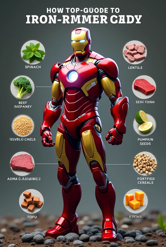 Generate a image that marvel character (iron man) with a mask advising to eat a foods when you are in iron deficiency. The image should be in 9:16 ratio and with the foods name. The should be realistic and awesome. Minimum 10 foods
