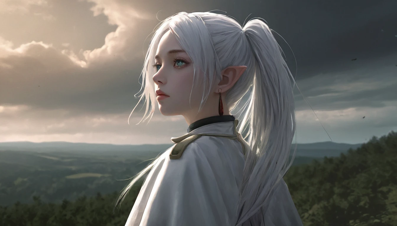 Photorealistic, reality, 1girl, white hair, long hair, twintails, pointy eyes, green eyes, white caplet, jewelry, earrings, standing alone, dark desolate landscape, vast desfiladeiro, dramatic sky, wind blowing through her hair, forest in the distance, deep shadows, solemn and contemplative expression, fantasy setting, realistic textures, cinematic lighting.