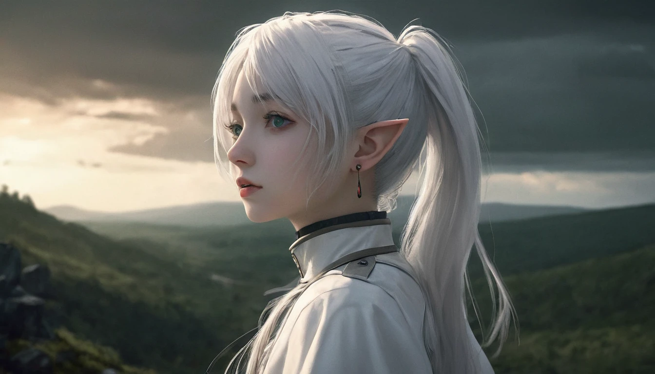 Photorealistic, reality, 1girl, white hair, long hair, twintails, pointy eyes, green eyes, white caplet, jewelry, earrings, standing alone, dark desolate landscape, vast desfiladeiro, dramatic sky, wind blowing through her hair, forest in the distance, deep shadows, solemn and contemplative expression, fantasy setting, realistic textures, cinematic lighting.