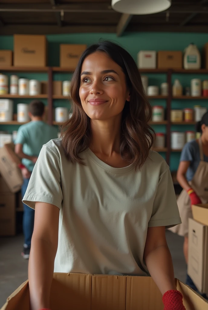 A simple white Brazilian woman distracted in an association for needy people, donating basic food baskets, do not leave the image with too much quality