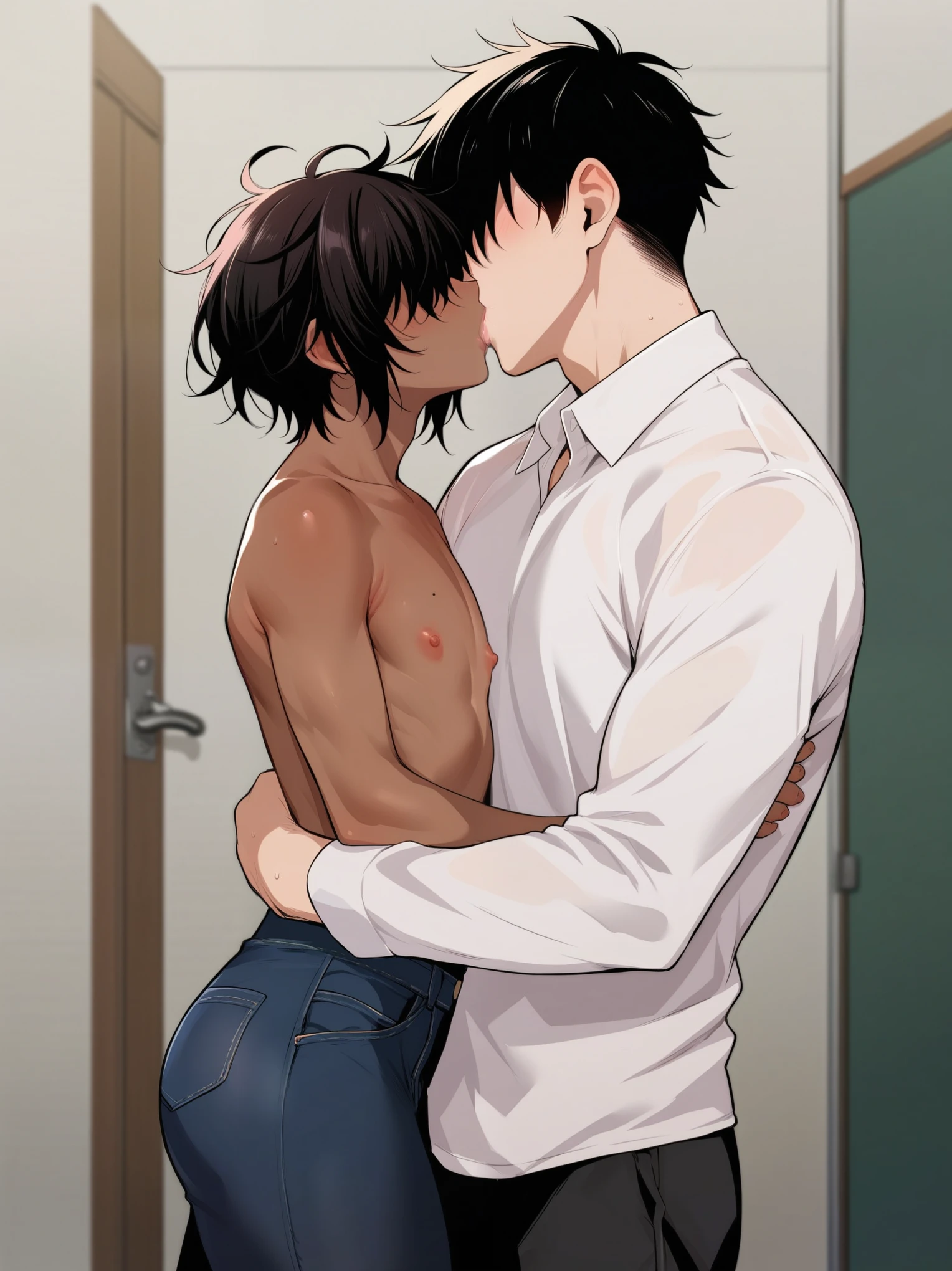 source_anime, rating_explicit, score_9, score_8_up, score_7_up, 1boy, femboy, portrait, indoors, medium length hair, brown skinned femboy, hair over eyes, ((brown skin)), messy hair, ikuchan, black hair, masterpiece, high-quality, BREAK, 1boy, muscular, white skinned, light skinned male, dominant light skinned male, kissing, large white male, ((size difference))