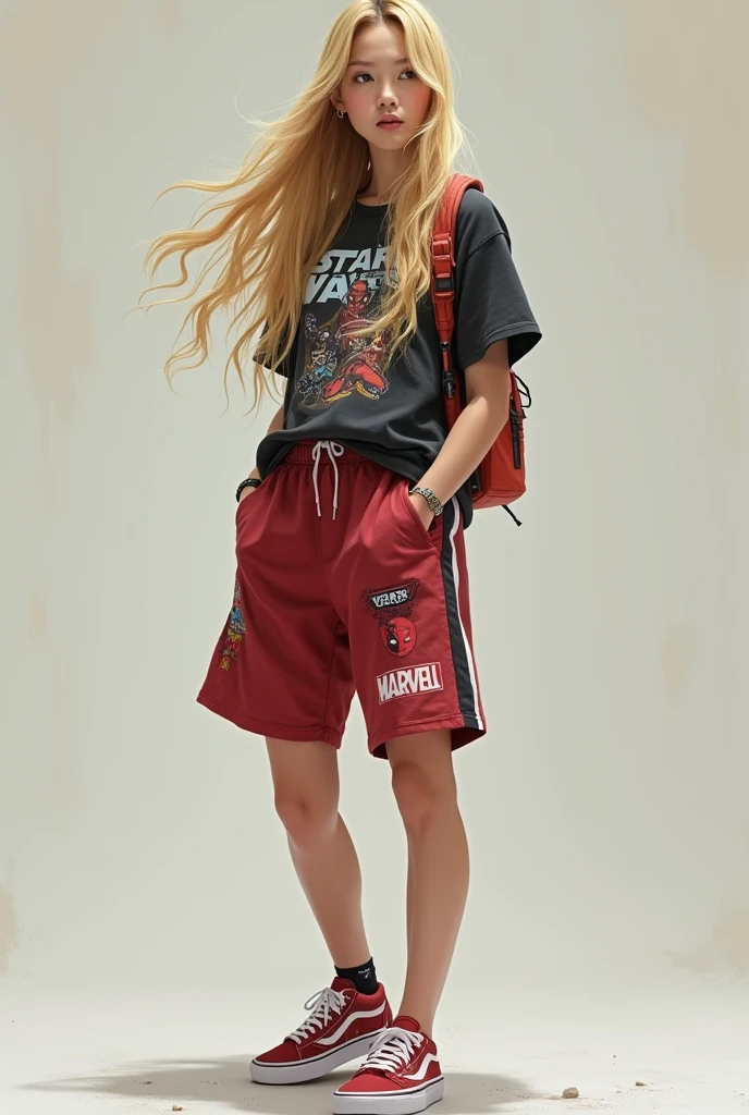 Realistic women, blond long hair, vans shoes, basketball shorts, starwars shirt, skateboard style, likes Star Wars, basketball, marvel and skateboarding, all interests should be inclouded, she should wear something deadpool or Spider-Man themed, a whole body shore with a neutral background