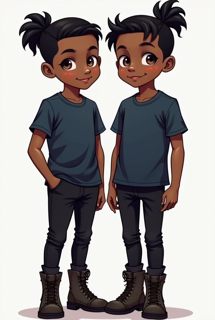 2 boy, dark brown skin, short black hair with a ponytail, Brown eyes, dark blue t-shirt, Black skinny jeans, and black boots shoes