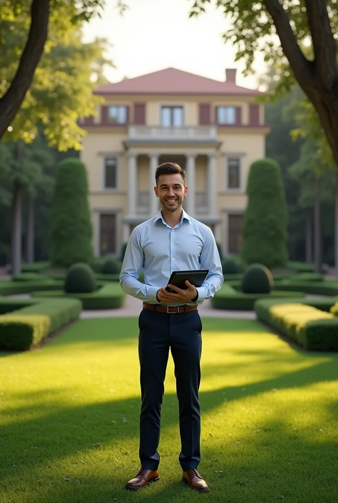 A real estate agent in a lush property, wearing a dress shirt in honor of Real Estate Agent Day.