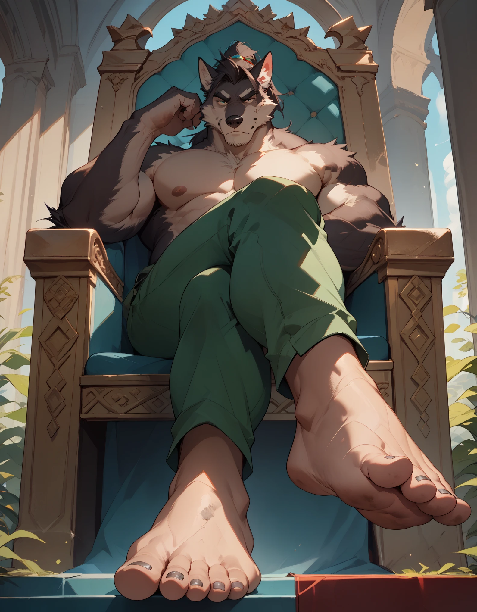 big, furry, muscular male, black wolf, ponytail hair, mature man, sitting on throne, barefoot, dirty feet, green pants, topless, crossed legs, sole visible, foot focus, low angle view