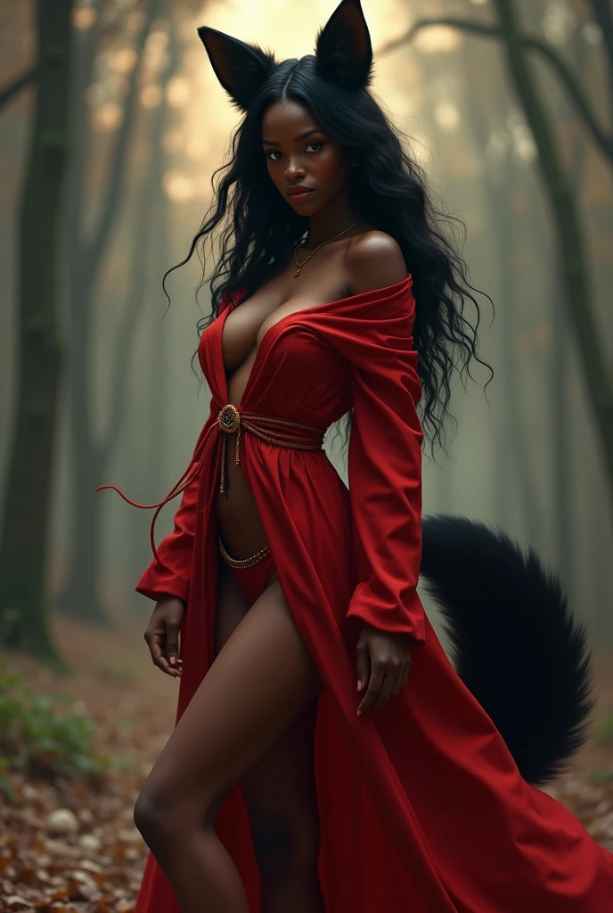 A black woman. Black fox ears and fox tail. Golden waist ratio. Red revealing robe dress. Bare legs. Sultry look. Ultra high quality.