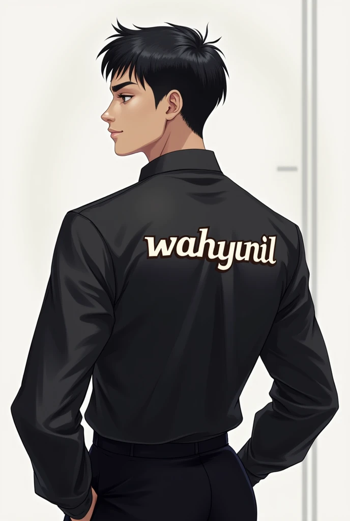 A male character with short black hair, wearing a long-sleeved shirt, with the name WAHYUNI`L written on the back of the shirt.