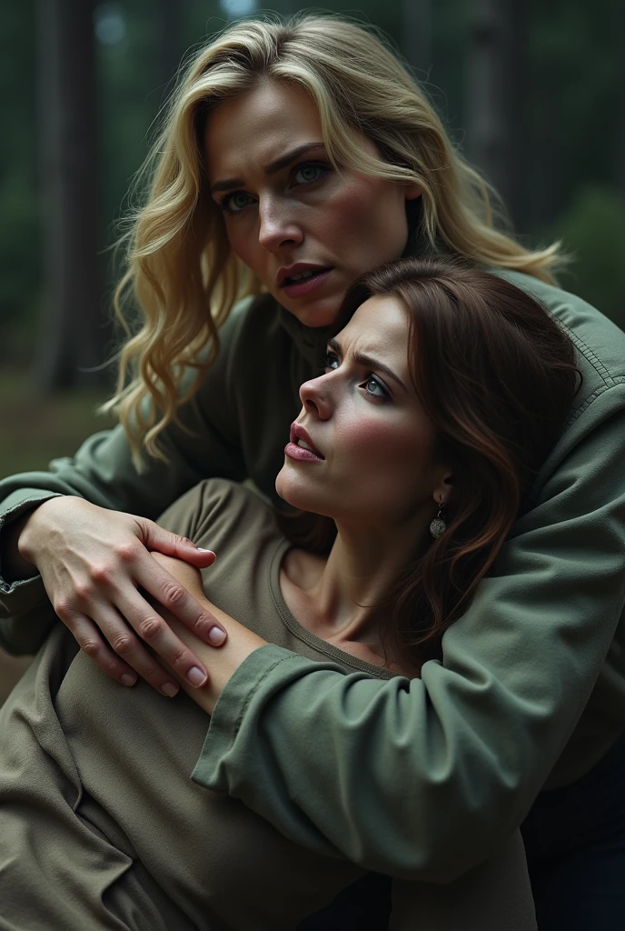 A blonde woman holding another woman unconscious  with brown hair, on the ground in a protective manner, crying, with a dramatic tone, holding her closely against her chest. Hd photorealism 