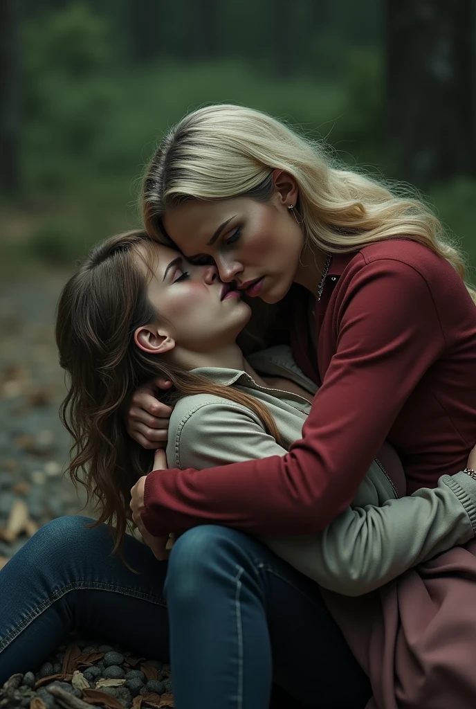 A blonde woman holding another woman unconscious  with brown hair, on the ground in a protective manner, crying, with a dramatic tone, holding her closely against her chest. Hd photorealism 