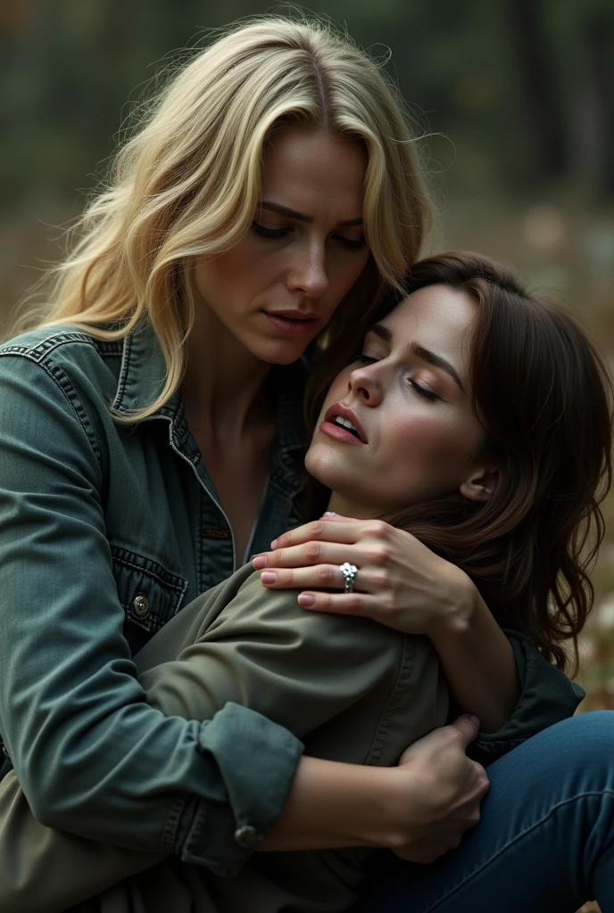 A blonde woman holding another woman unconscious  with brown hair, on the ground in a protective manner, crying, with a dramatic tone, holding her closely against her chest. Hd photorealism 