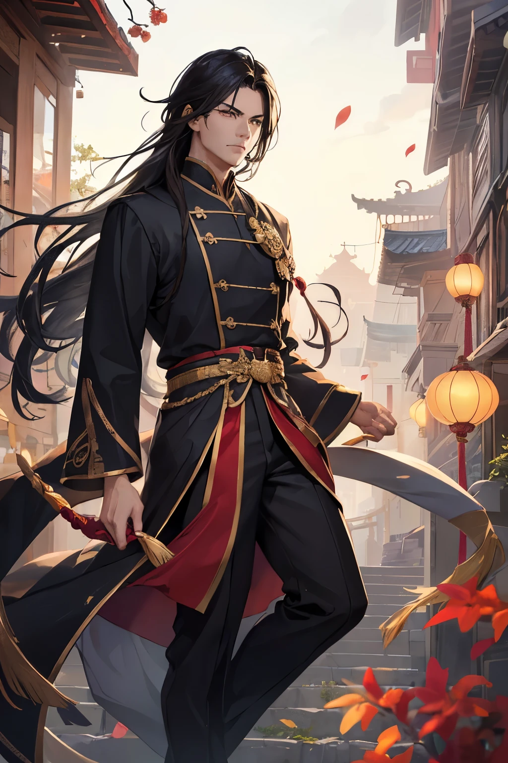((1boy)), Male, Tall, handsome_asian_face, ((muscular_body)), 30 years old, 180 cm height, bad personality, ((long hair tail)), ((white skin)), thick eyebrows, handsome face, evil face, cleanshaved, Brown eyes, details eyes, evil eyes, angry eyes, at day, uplight, chinatown, sakura tree, sakura petals, people background, chinese lanterns, sunlight, sunshine, cloudy sky, outdoor light, walking, fire background, black male chinese uniform, chinese shoes, gold ornament clothes, long_pants ((half-body_portrait)), dynamic angle, depth of field, best quality, high quality, (((masterpiece))), 16k, detailed eyes, symmetrical fingers, symmetrical eyes, Fujifilm X-T3, 1/1250sec at f/2.8, ISO 160, 84mm, handsome, extremely detailed face, photoshoot,perfecteyes