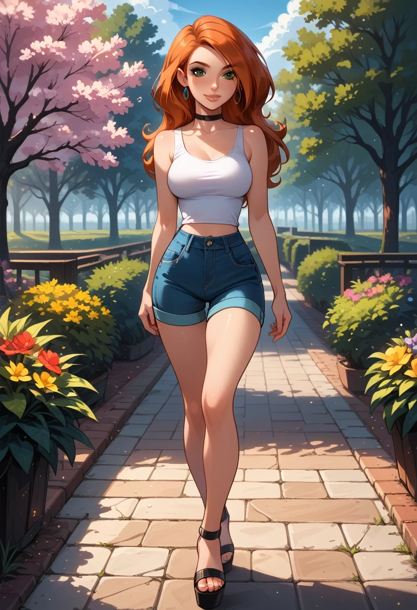 score_9, score_8_up, score_7_up, score_6_up, rating_safe, source_cartoon, BREAK beautiful Kim Possible (orange-red hair:1.1), sexy smirk, BREAK tight shorts and tank top, wedge sandals, choker, BREAK walking in park, daytime, sunny, beautiful trees and flowers, BREAK shallow depth of field, BREAK highly detailed, bokeh, moody, epic, gorgeous, grainy, BREAK (ultra-detailed), (best illustration), (best shadow), (absurdres), (detailed background), (very aesthetic).