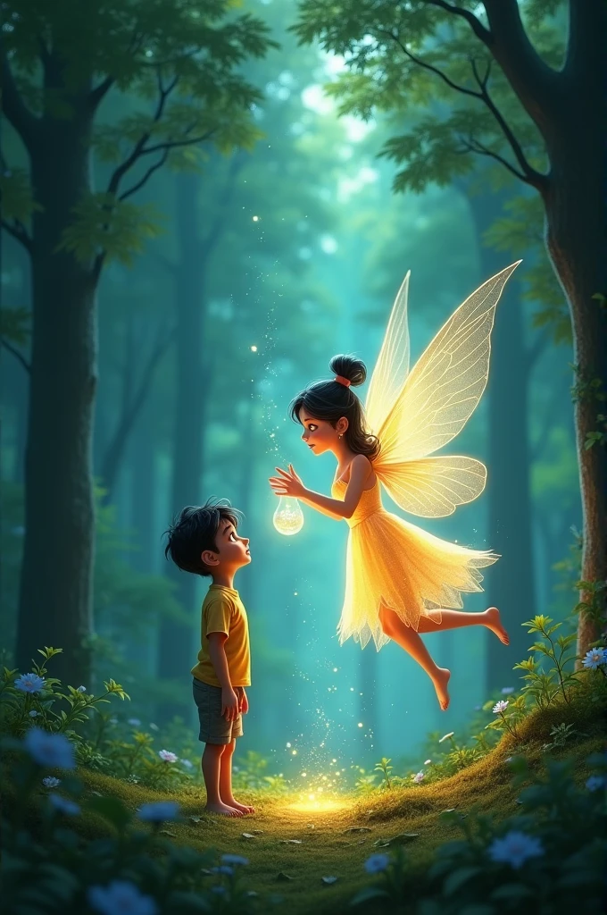 Generate a realistic photo.
- Image: The fairy is glowing and saying goodbye to Chintu. The magical glass is being returned to its original form, and Chintu is waving back.