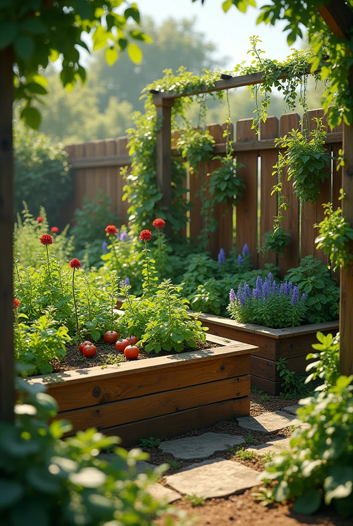 Make a raised garden bed garden fenced in with lots of trellises