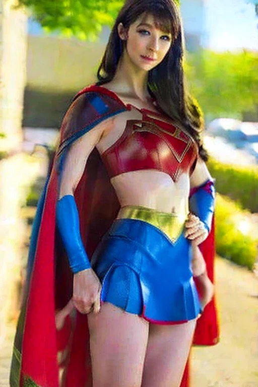 (Highest quality, masterpiece, Absurd)),One girl:1.3, alone:1.3,Beautiful woman,Expressive blue eyes, Beautiful woman,Long blonde hair, 21 years, alone, One girl,Hourglass-shaped body,Huge breasts, defined body, Wearing Superman Cosplay((Supergirlコスプレボディスーツ, skirt (waist up to half of thigh)Supergirl, supergir short red cape)), Bright colors