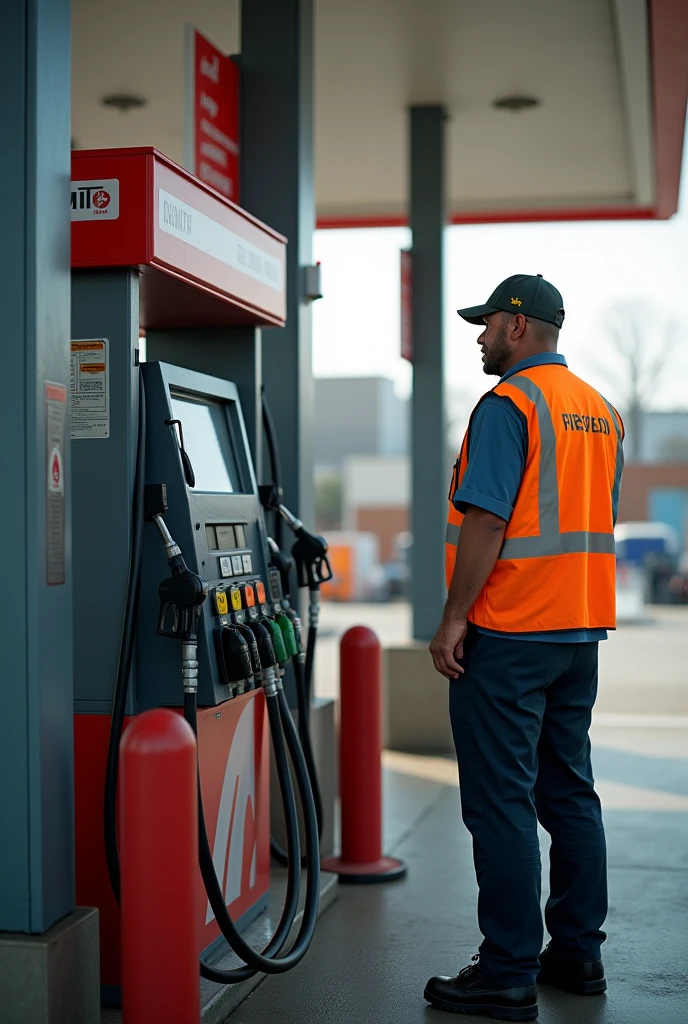 Inspector: Person wearing a vest at a gas station in front of a fuel dispenser or storage tank