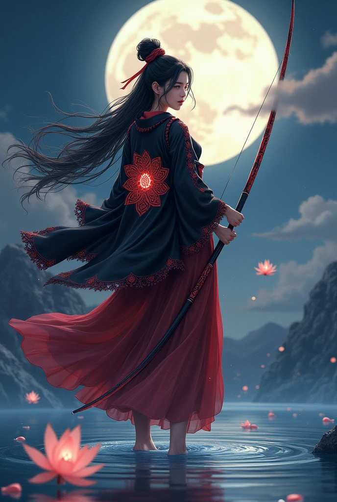 A Pretty Girl Age 17 Wear a Red Japanese Armor,use A Long Black Robe with Lotus Pattern At middle Robe,Long Wavy Hair Hairstyle,Black gradient Red Hair, Carrying A Long Glaive and Bow,Floating on Water,Illuminated by the moonlight at night, Surrounded by water waves