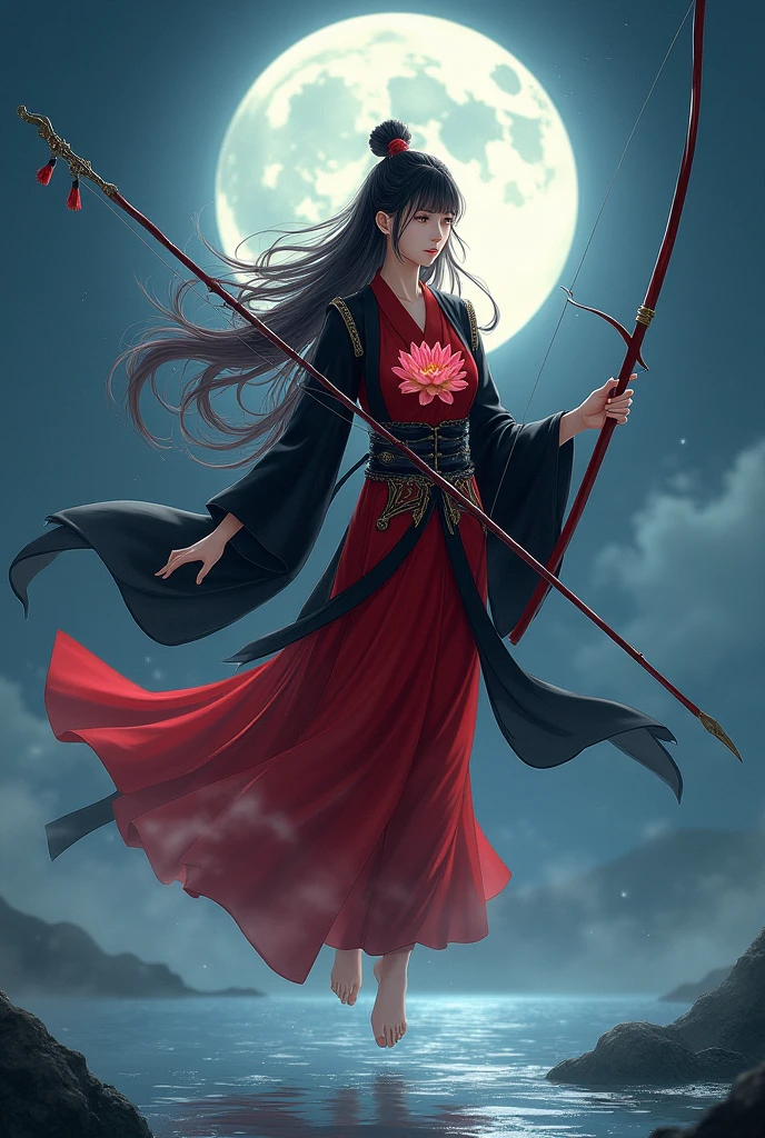 A Pretty Girl Age 17 Wear a Red Japanese Armor,use A Long Black Robe with Lotus Pattern At middle Robe,Long Wavy Hair Hairstyle,Black gradient Red Hair, Carrying A Long Glaive and Bow,Floating on Water,Illuminated by the moonlight at night, Surrounded by water waves