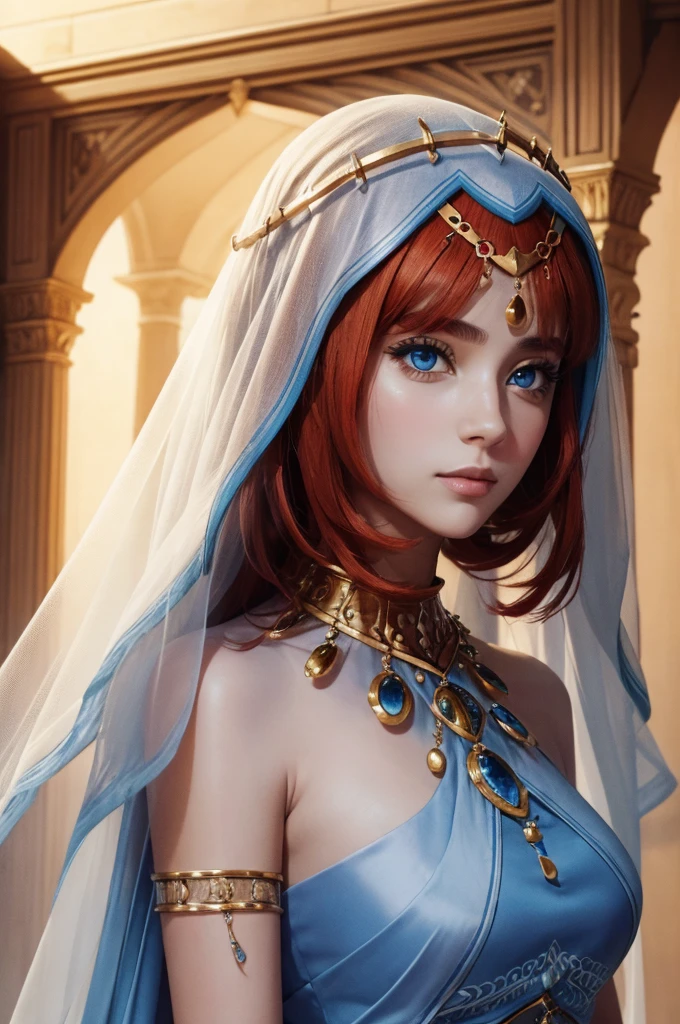 1 Beautiful Woman, Nilou (Genshin Impact), persian girl, red hair, blue eyes, Desert Princess,Aladdin,Tanned skin(((The eyes are very delicate)))(((Hair accessories)))(((veil:24))))(((veil))),necklace,Wearing a blue conservative silk dress, ((Royal Palace))(((masterpiece))), ((best quality)), ((Intricate details)), ((Surreal))(8K)