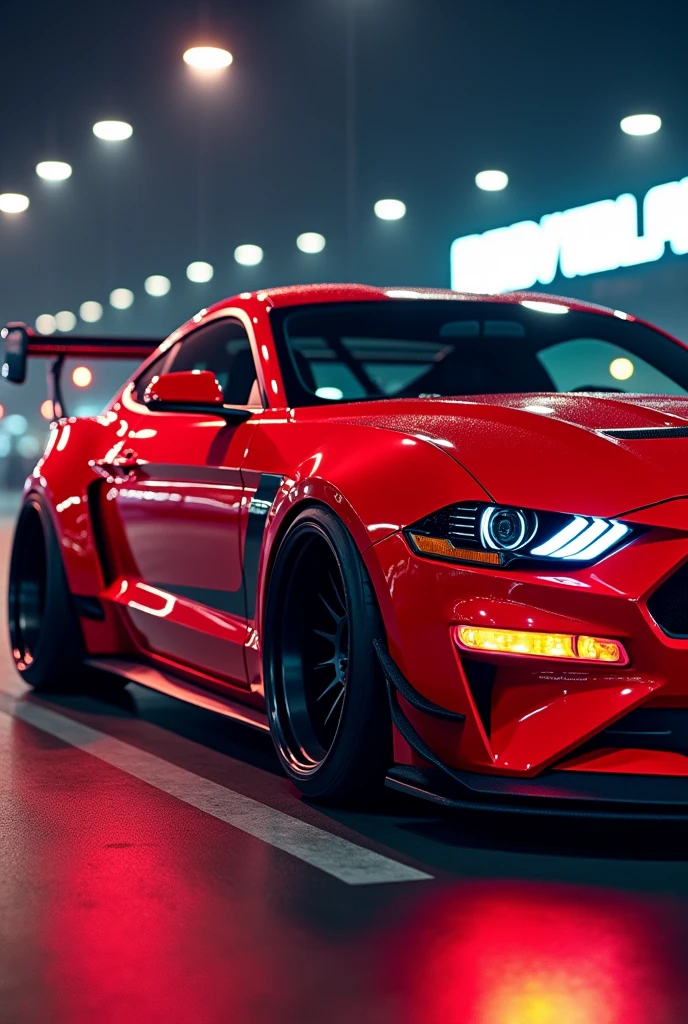 Mustang GT maximally tuned Chrome red Sport spoiler in red Maximally tuned Cool sports tires Neon lights glowing red 4k ultra hd Real Black Stripes Tuning meeting 
