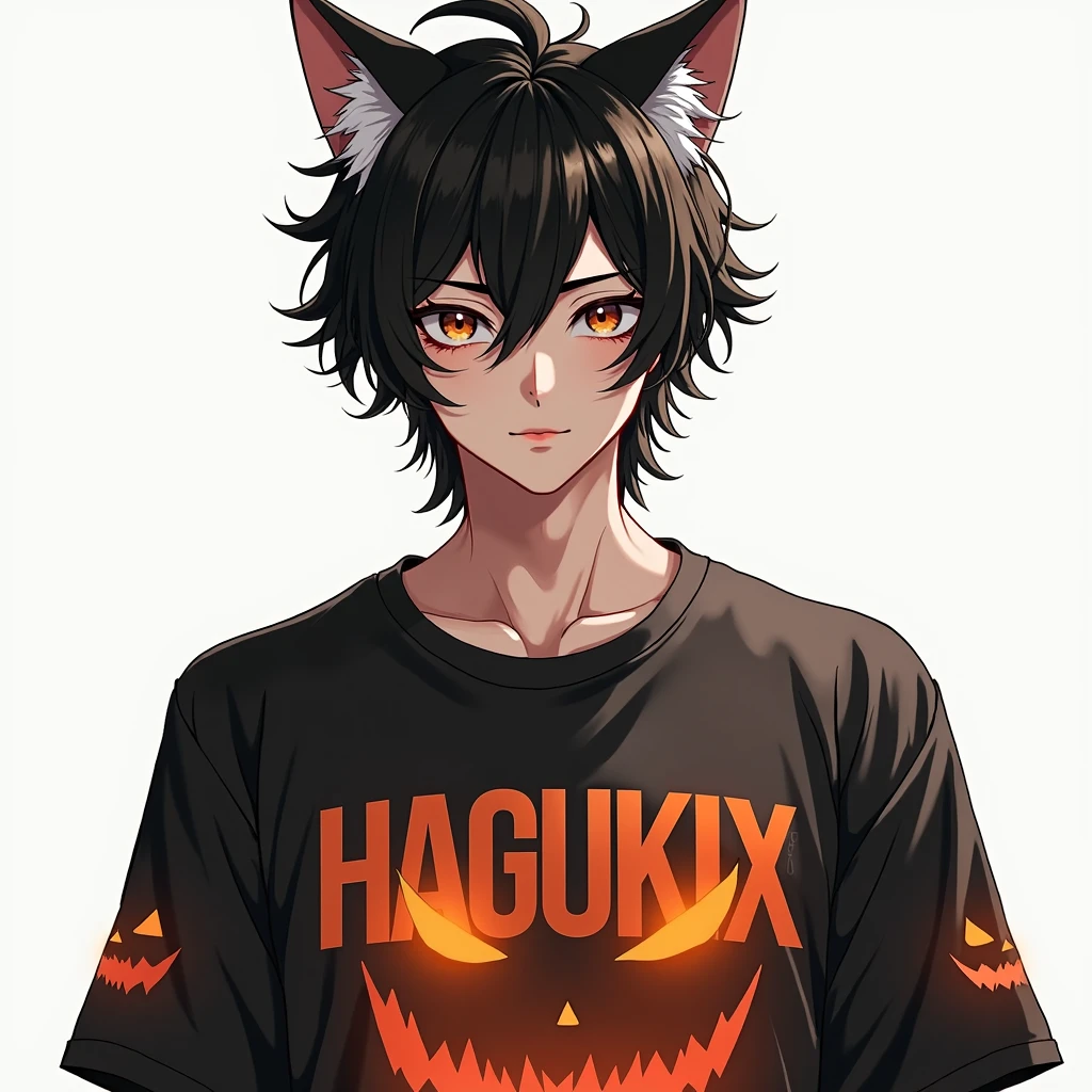 high quality, Very detailed, High detail, 最high quality, masterpiece, Wolf Ears, Anime Style, male, Large HAGUKIX lettering on the front,Jack-o'-lantern design shirt