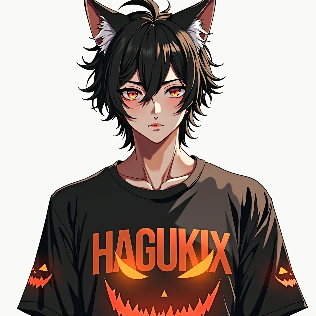 high quality, Very detailed, High detail, 最high quality, masterpiece, Wolf Ears, Anime Style, male, Large HAGUKIX lettering on the front,Jack-o'-lantern design shirt