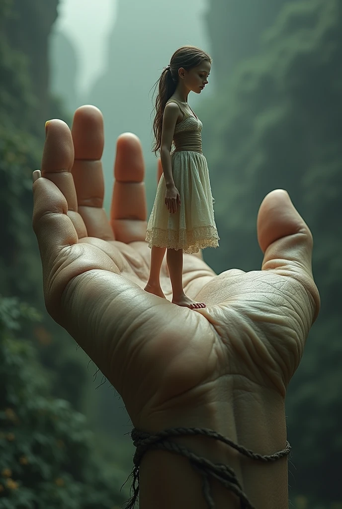 A shrunken woman standing on a giant hand