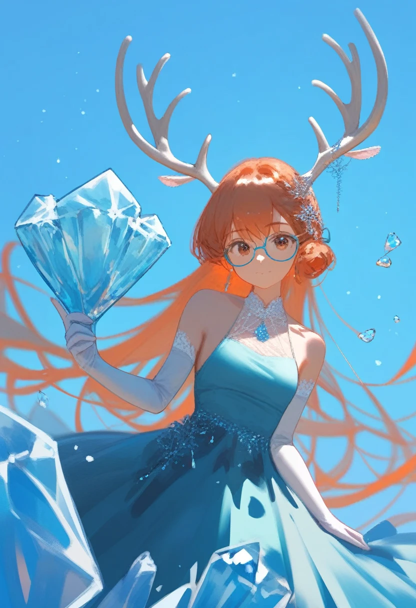 score_9,score_8_up,score_7_up,1girl,solo,brown_eyes,glasses,elbow_gloves,looking_at_viewer,copper red_hair,bare_shoulders,blue_dress,white_gloves,sleeveless_dress,closed_mouth,antlers,blue_background,very_long_hair,small_breasts,crystal,bangs,jewelry,ice,