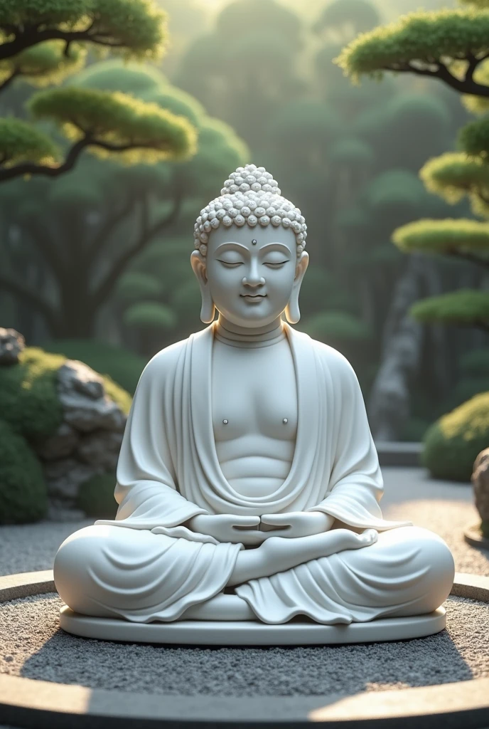 A serene Buddha statue sitting in the lotus position, carved from smooth white marble. The statue is placed in a tranquil Zen garden surrounded by raked gravel patterns and meticulously pruned bonsai trees. The Buddha’s expression is peaceful, with a slight smile and closed eyes, emanating a sense of calm and inner peace. Soft sunlight filters through the trees, casting gentle shadows on the statue. The art style is realistic, with fine details in the marble texture and the intricate patterns of the garden.