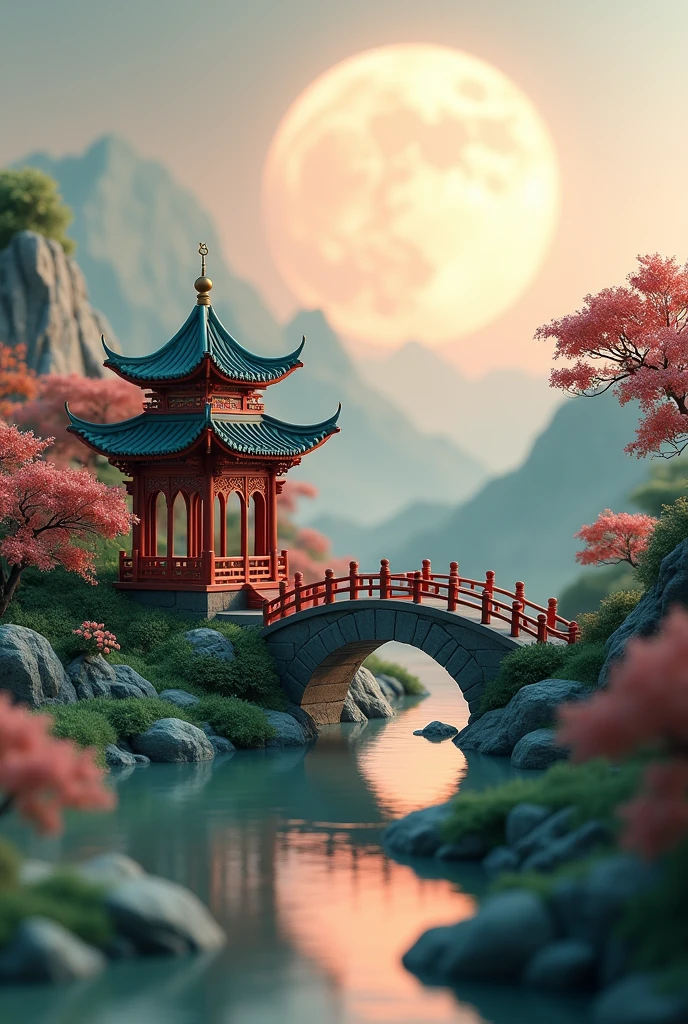 Chinese architecture, small Qiao, micro landscape, depth of field, 3D, C4D, soft lighting, a huge moon in the distance